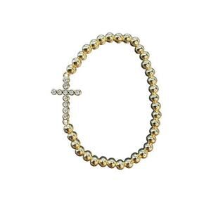 Gold Plated Bead and CZ Cross Elastic Bracelet -Waterproof